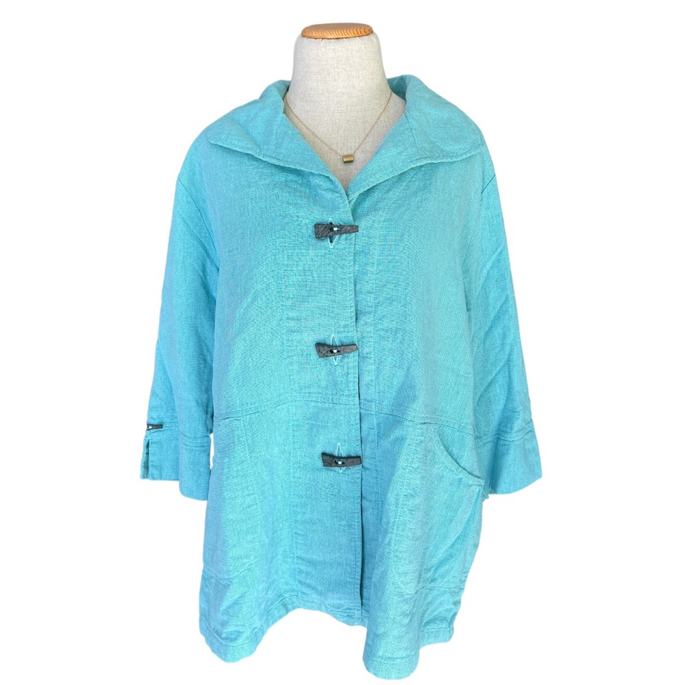 Focus Casual Life Jacket Medium Button Front Coatigan Aqua‎ Blue Lagenlook NWT